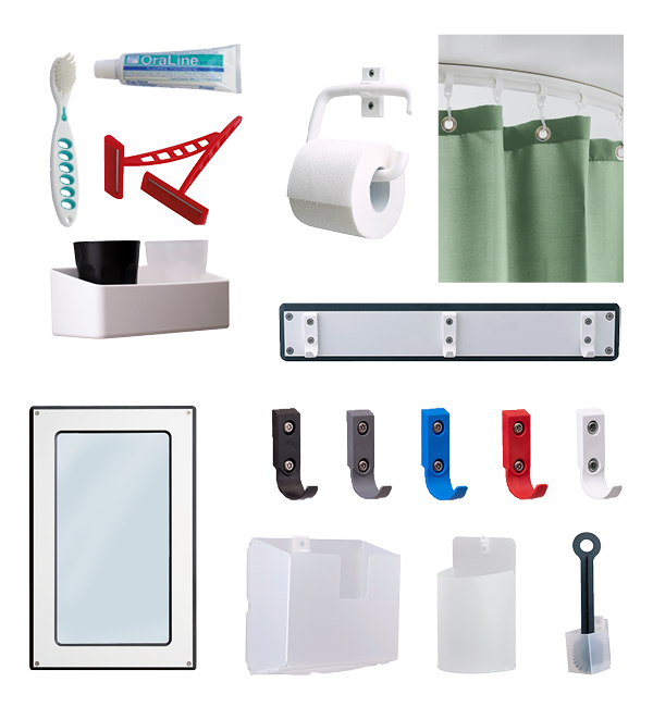 Collage with different suicide preventive bathroom products