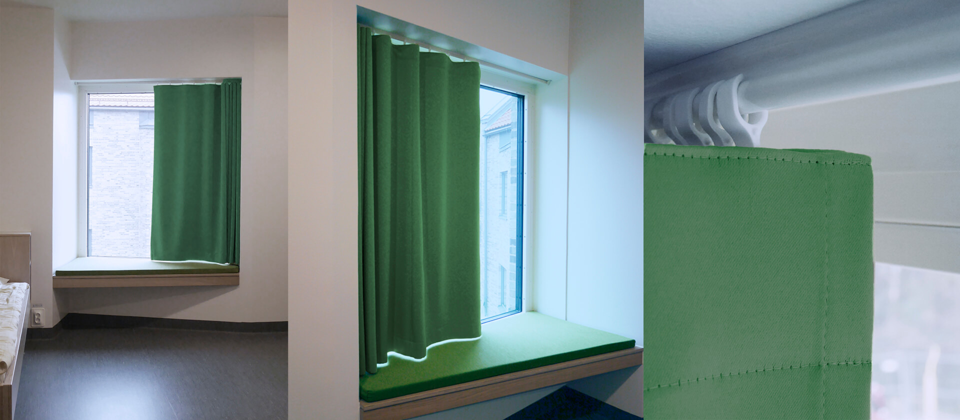 Collage with J-trac curtain rail system from a patient room