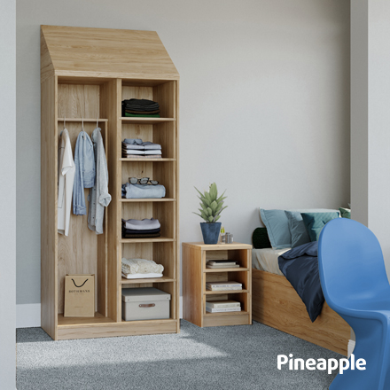 Wardrobe with open shelves, bedside table and bed in bedroom