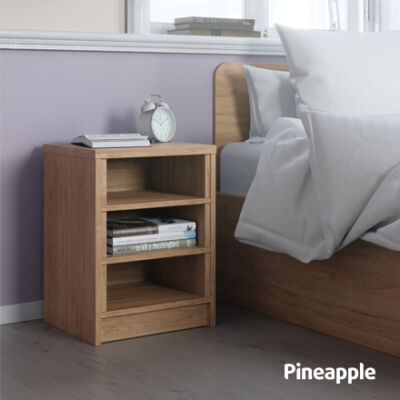 Open bedside cabinet and bed in bedroom