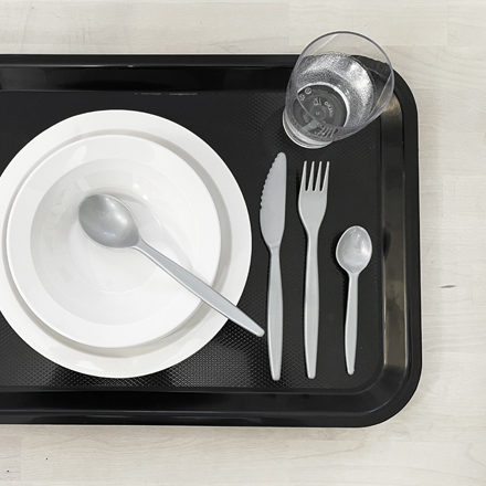 Black tray with unbreakable plates and cutlery