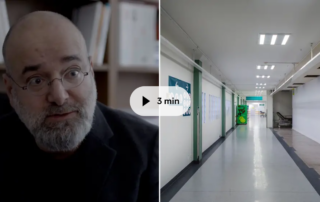 Man talking and hospital corridor