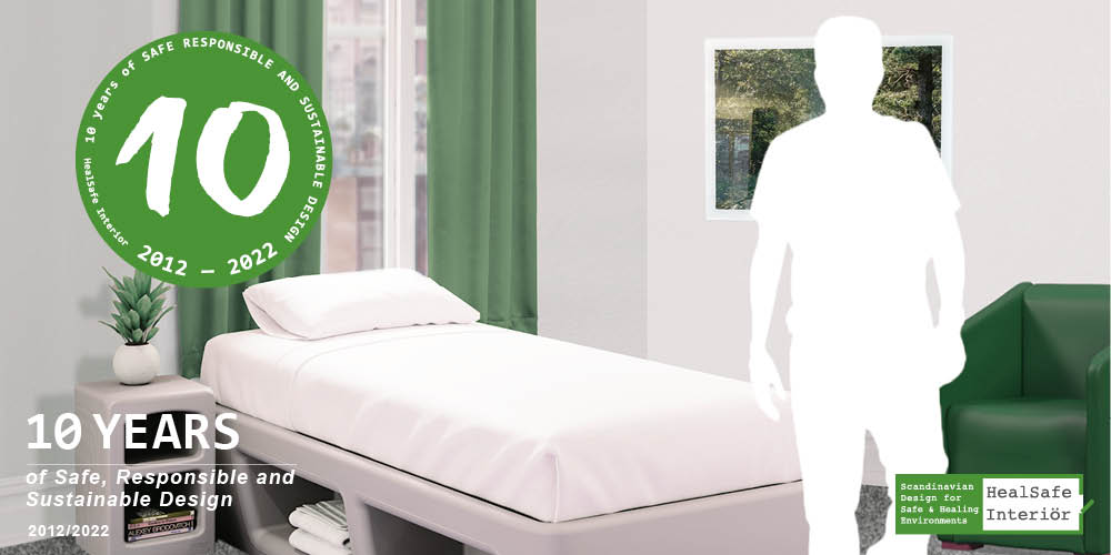 Healing environment - A man in a patient room with chair, bed and curtains