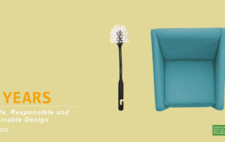 Safe interior products. The text 10 years of safe, responsible and sustainable design on the left. On the right a toilet brush and a chair from above.