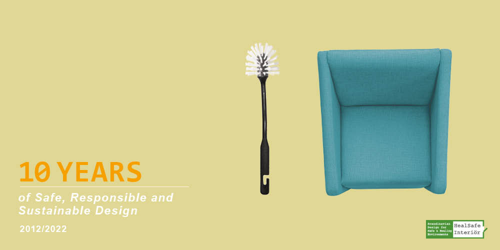 Safe interior products. The text 10 years of safe, responsible and sustainable design on the left. On the right a toilet brush and a chair from above.