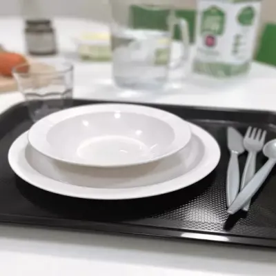 Unbreakable tray with self harm and suicide preventive plates and cutlery