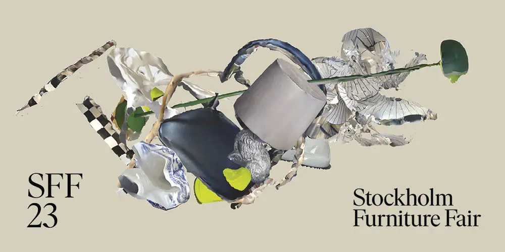 en kunstnerisk collage av gjenstander og logo for Stockholm Furniture Fair 2023